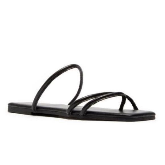 Black Square Toe Strappy Slide Sandals - Picture 2 of 6